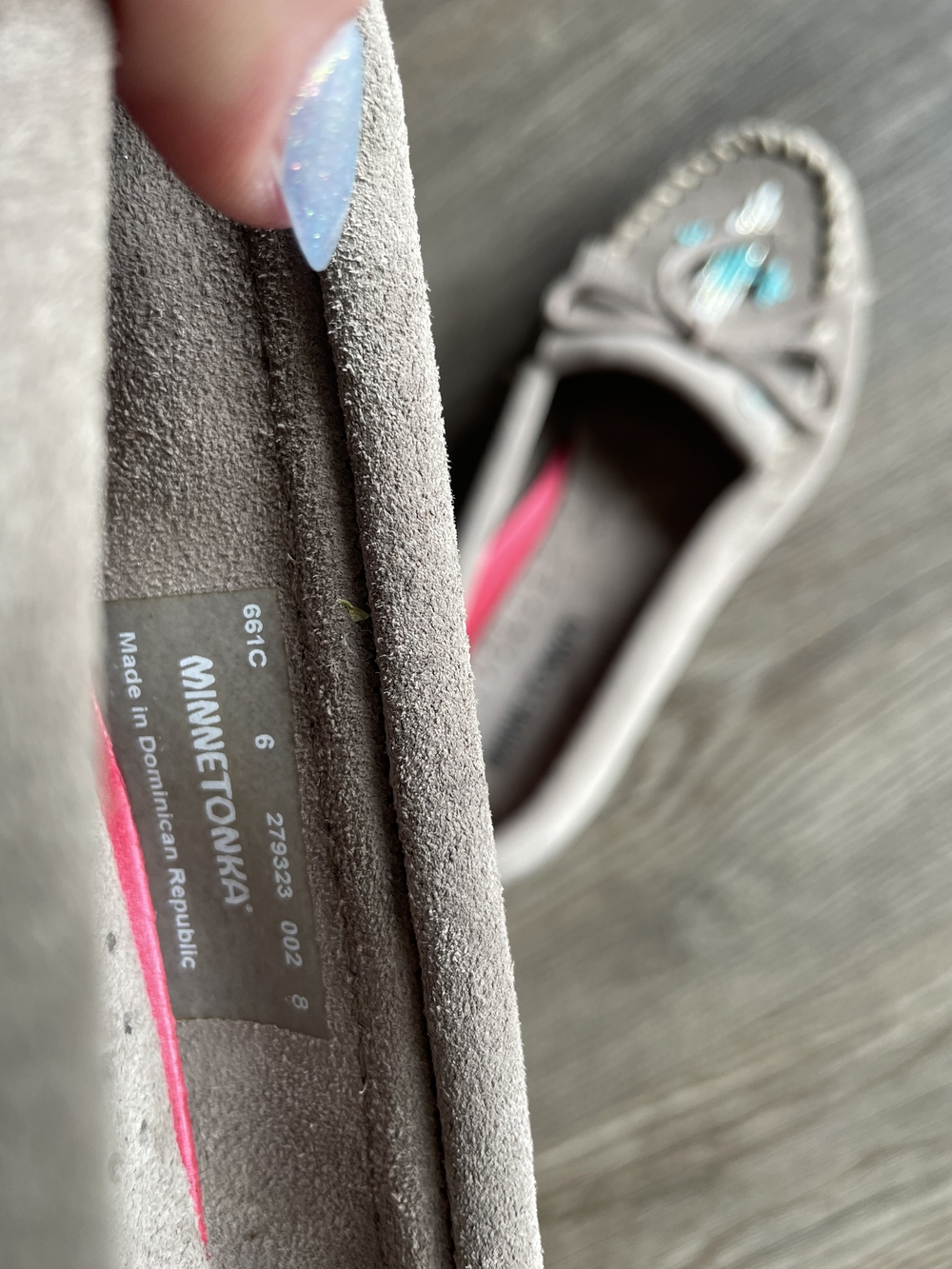 Minnetonka Taupe Suede Moccasins with Turquoise Beadwork - Picture 3 of 3